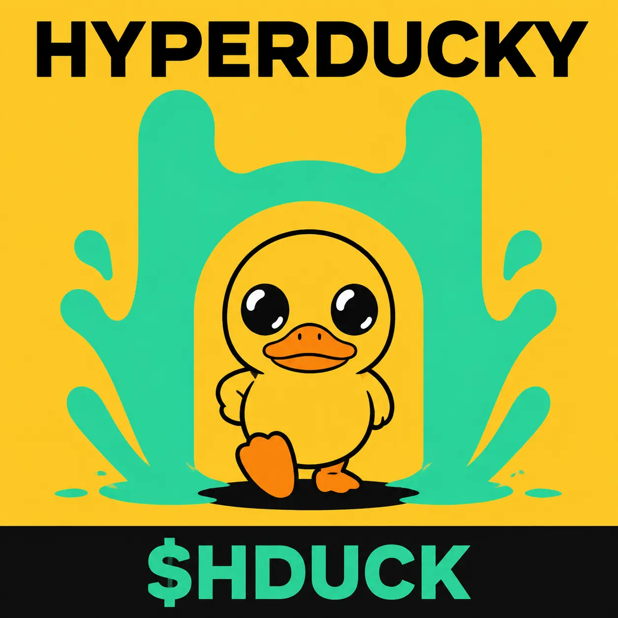 Minimal HyperDucky poster: yellow duck standing in a mint H-shaped gateway under the HYPERDUCKY wordmark
