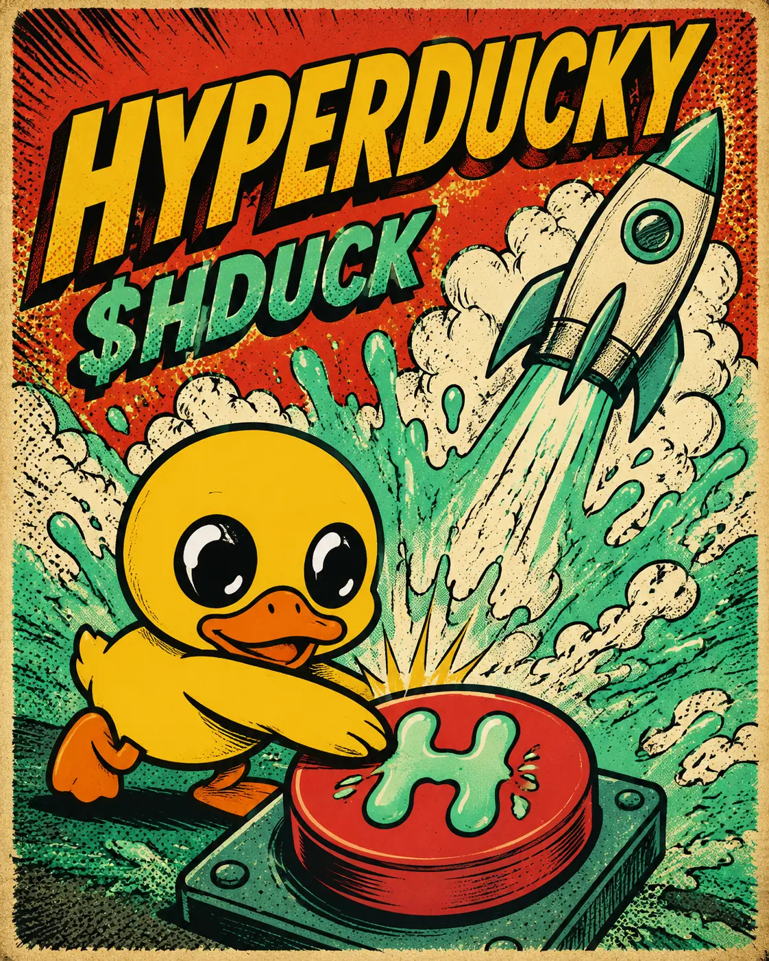Retro comic panel of HyperDucky hitting a red launch button marked with a mint H as a rocket blasts off